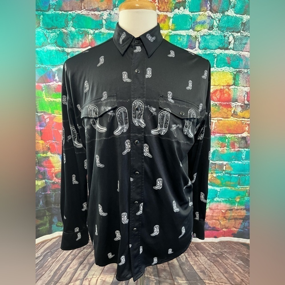 Roper Pearl Snap Western Shirt Size M Cowboy Boot All Over Print Black